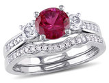1 1/3 Carat (ctw) Lab-Created Ruby and White Sapphire with Diamond Bridal Wedding Set Engagement Ring 10K White Gold